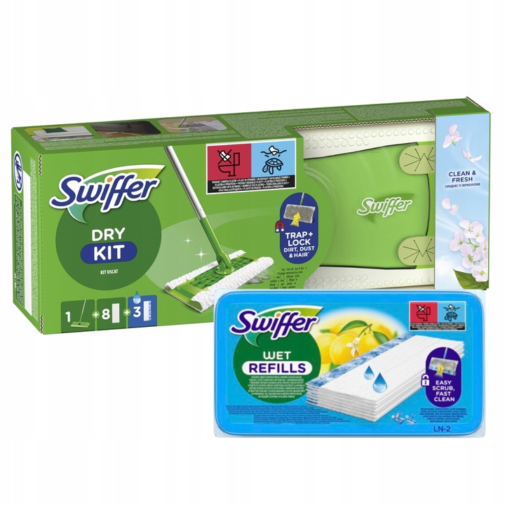 Zestaw Swiffer Dry+Wet Kit do kurzu + Mokre chusteczki do podłóg 20 sztuk