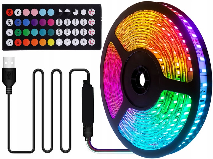 TAŚMA LED RGB 5m Ledy 5050 Listwa 5V KOLOROWA NA PILOTA + APLIKACJA