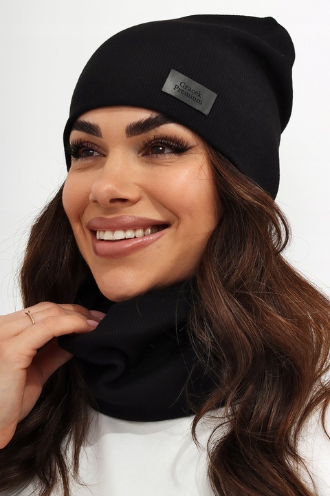 CIEPŁY KOMPLET DAMSKI CZAPKA+ KOMIN PRODUKT POLSKI MODNY ZIMOWY CZARNY