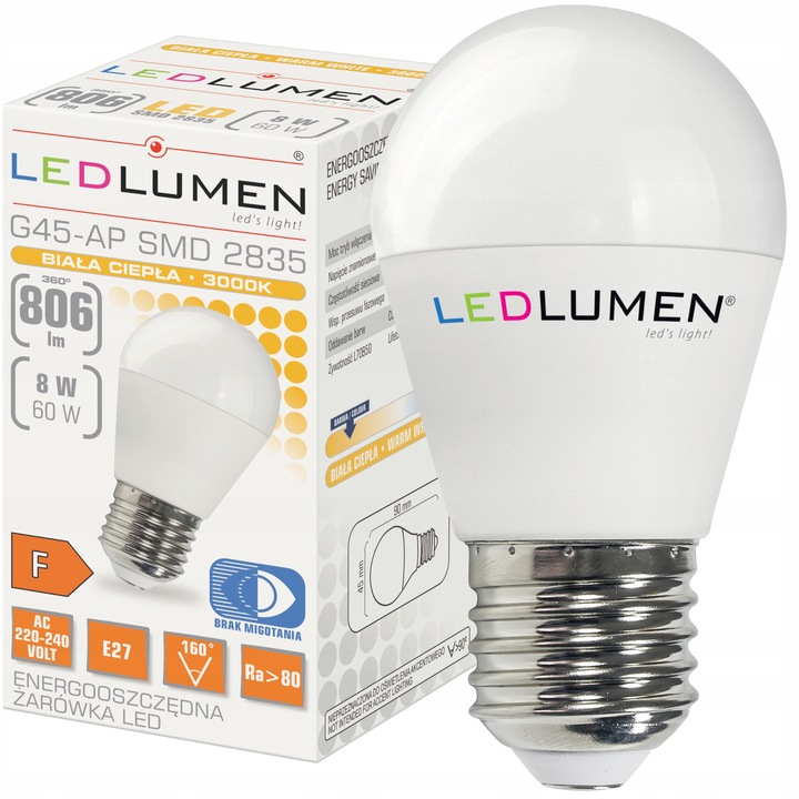 Zestaw 6x Żarówka LED E27 8W=60W 806lm 160° Nie Mruga Premium Ciepła