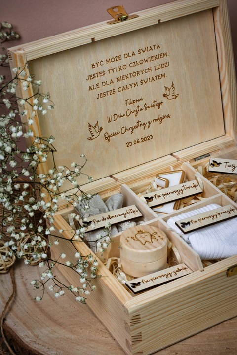 Pamiątka Chrztu Świętego Pudełko GOTOWY PREZENT NA CHRZEST PREMIUM Grawer