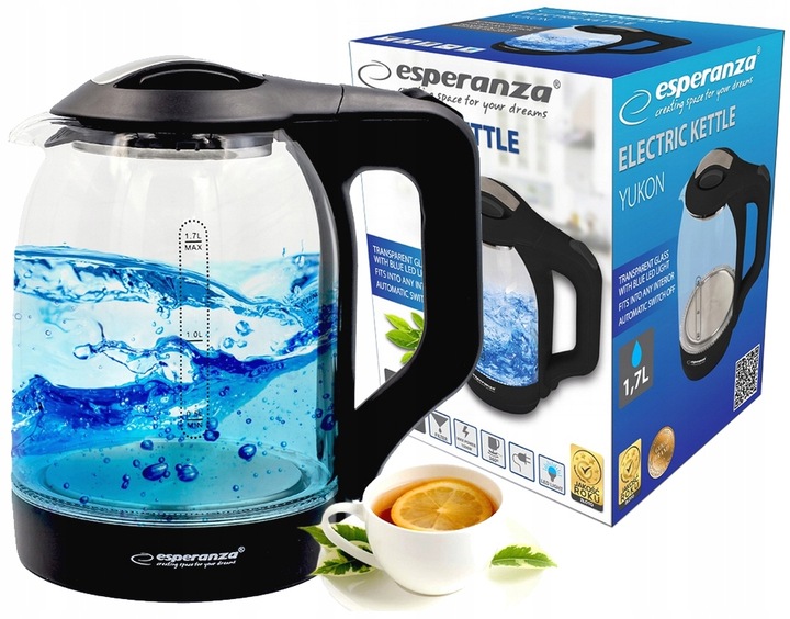 BEZPRZEWODOWY CZAJNIK ELEKTRYCZNY SZKLANY LED 1,7L CZARNY MOCNY