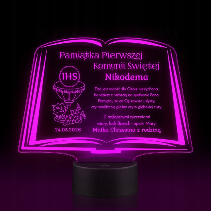 Pamiątka Pierwszej Komunii Świętej LAMPKA LED prezent na Komunię
