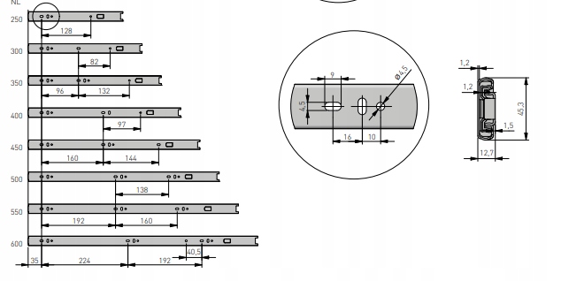 VERSALITE PLUS + prowadnica meblowa kulkowa 40 KG - 45 x 500 x 12,7 mm