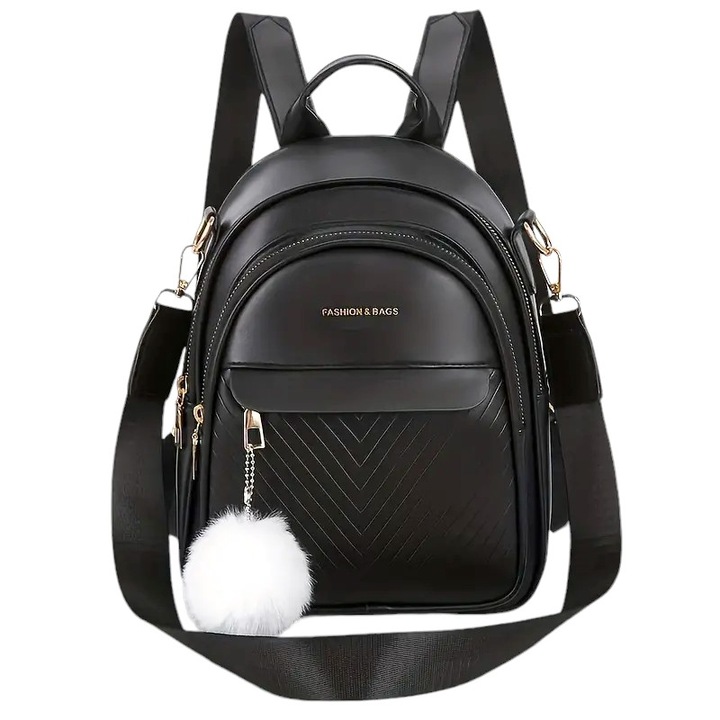 Plecak Torebka 2w1 Damski Eko Skóra Czarny Brelok Pompon Biały Prezent