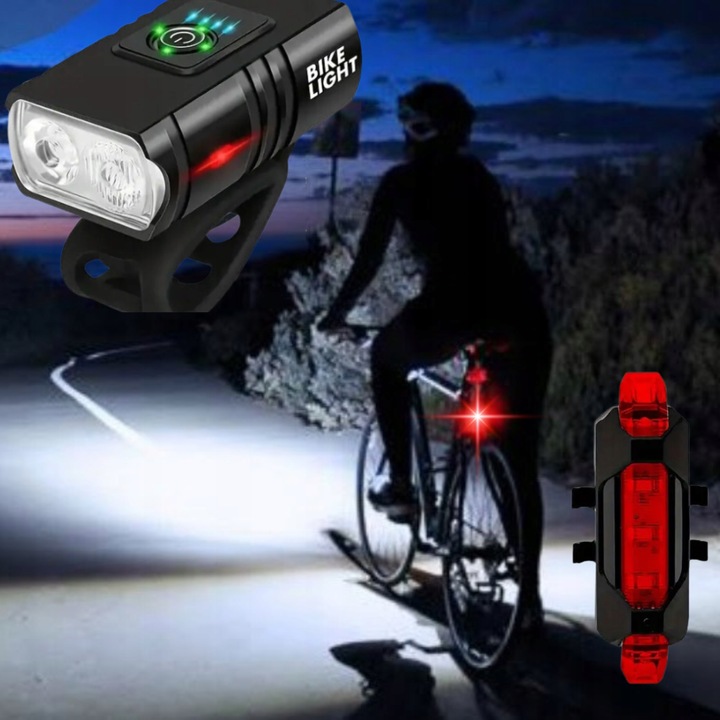 MOCNA LAMPKA ROWEROWA PRZEDNIA TYLNA LED WODOODPORNA AKUMULATOR USB ZESTAW