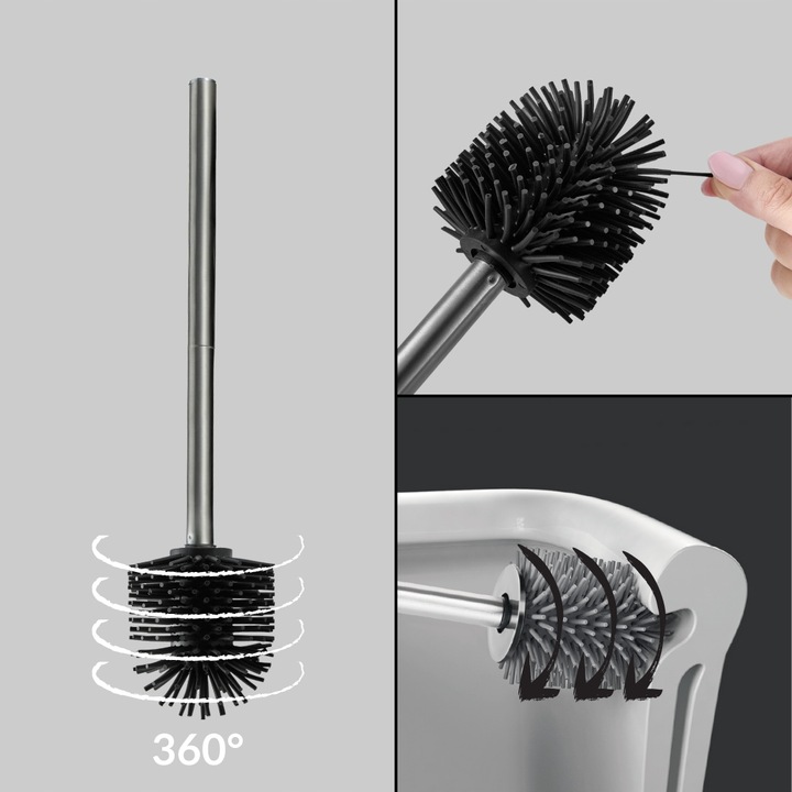 SZCZOTKA DO WC SILIKONOWA CZARNA TOALETOWA STAL NIERDZEWNA METALOWY STOJAK