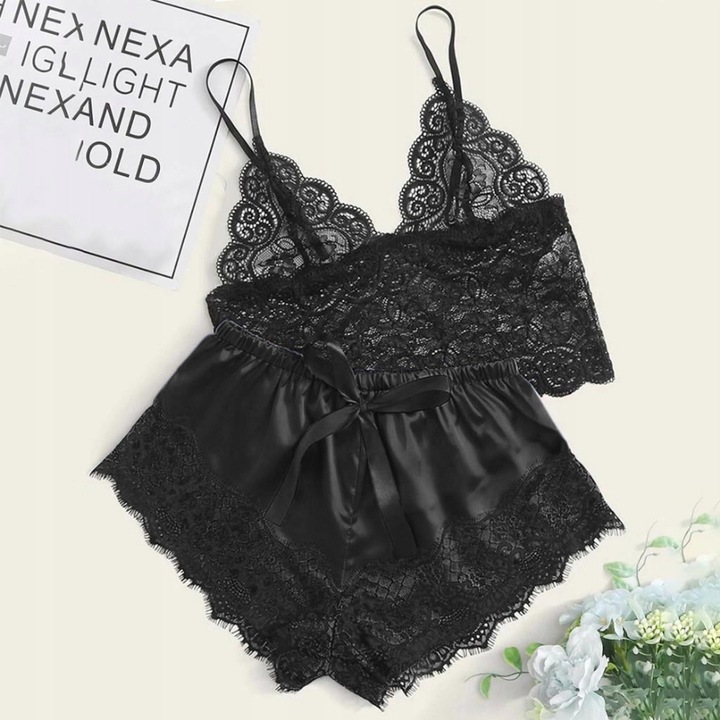 SATYNOWY KOMPLET SEXY BIELIZNA PIŻAMA TOP KOSZULKA NOCNA KORONKA SPODENKI