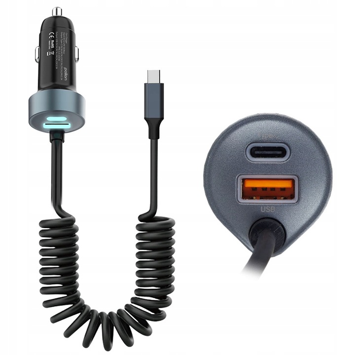 Mocna ładowarka samochodowa POLION USB-A 2xUSB-C 65W QC3.0 PD z przewodem