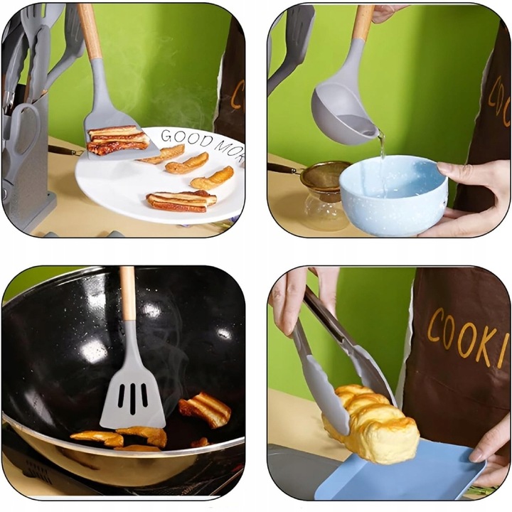 Komplet 5 Noży + Zestaw 12 przyborów kuchennych + deska do krojenia +Stojak