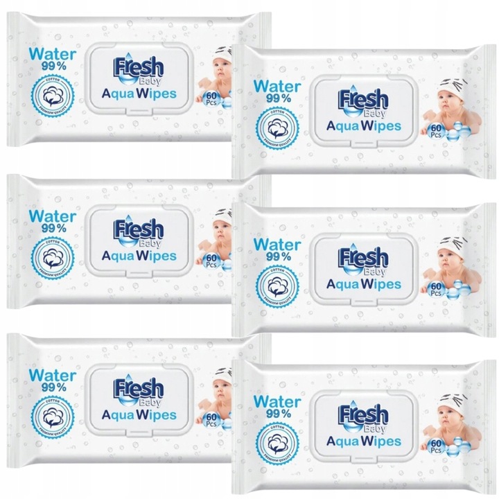 6x60 Chusteczki Nawilżane AQUA WIPES dla Dzieci Mokre 99% Pure Water