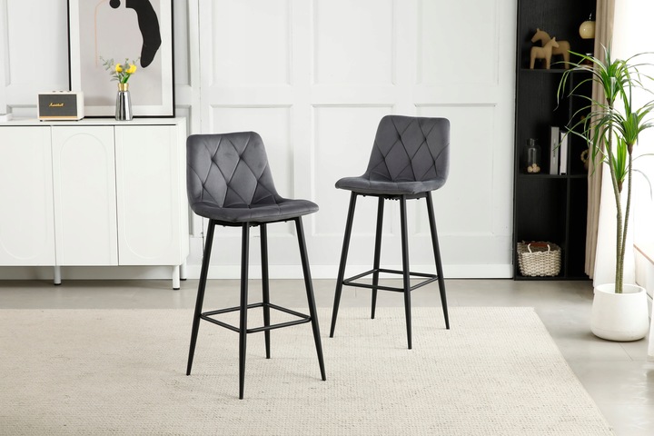 Hoker Barowy Tapicerowany z Oparciem Welurowy Szary do Salonu Wyspy