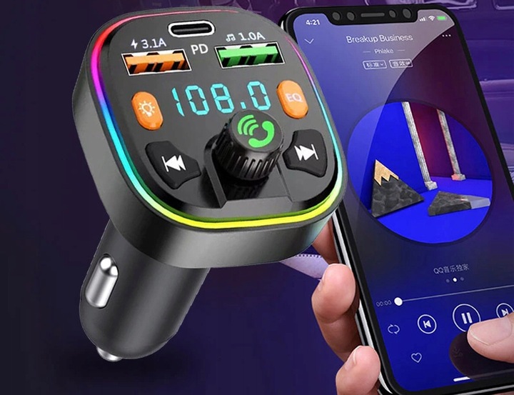 TRANSMITER FM BLUETOOTH 5.0 ŁADOWARKA QC 3.0 PD 20W RGB 2x USB USB-C