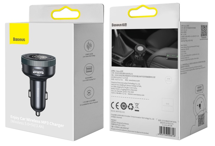 BASEUS TRANSMITER FM BLUETOOTH ŁADOWARKA SAMOCHODOWA USB 2.4A PD TF AUX