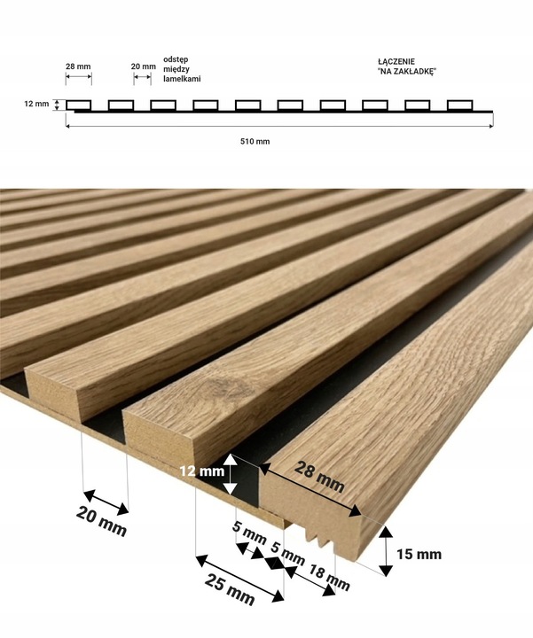 LAMELE ŚCIENNE DĄB RIVIERA NA PŁYCIE HDF CZARNEJ 510x2750mm