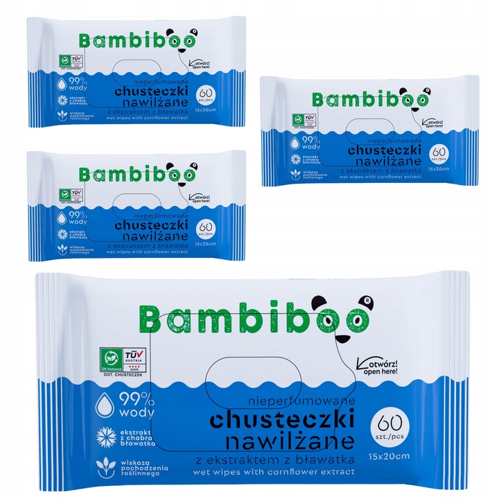 Chusteczki nawilżane Bambiboo 4x60szt. z ekstraktem z bławatka 99% wody