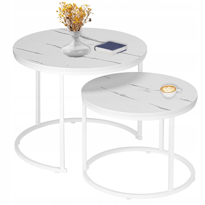 STOLIK KAWOWY OKRĄGŁY 2W1 BIAŁY MARMUR ZESTAW 2 STOLIKÓW KAWOWYCH