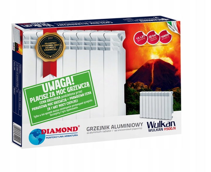GRZEJNIK ALUMINIOWY WULKAN H-500 BIAŁY DIAMOND - 10 ŻEBEREK 1526 W