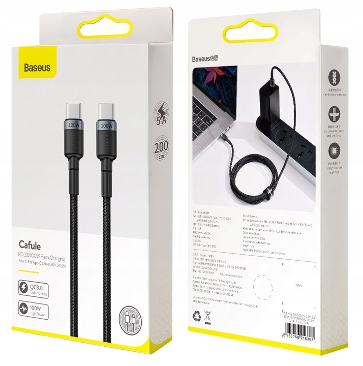 BASEUS MOCNY KABEL PRZEWÓD TYPE-C USB-C QC 3.0 PD 100W 2M SZYBKIE ŁADOWANIE