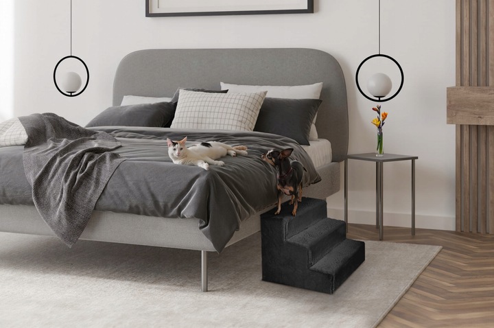 Schodki dla psa 3-stopnie tapicerowane grafitowe podest dla psa do kanapy