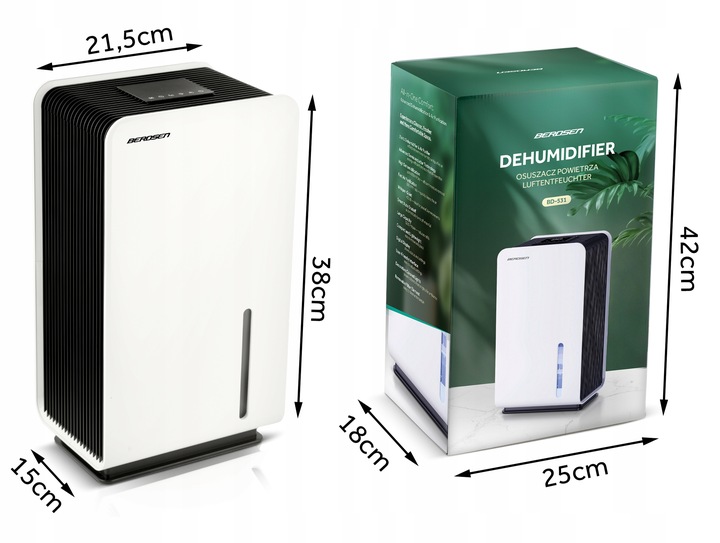 OSUSZACZ POWIETRZA POCHŁANIACZ WILGOCI 64W HEPA 34dB TIMER LED Berdsen