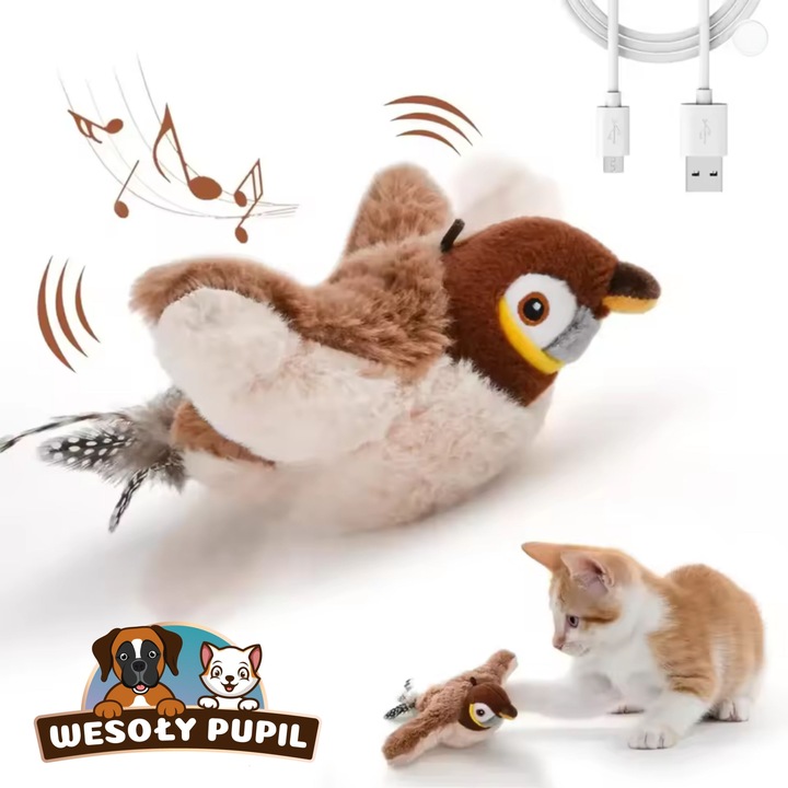 Zabawka dla kota INTERAKTYWNA latający PTAK z dźwiękiem na USB z