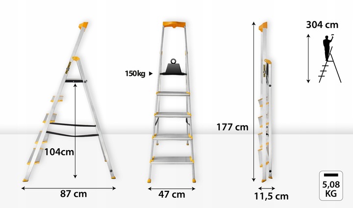 Drabina aluminiowa domowa PÓŁKA 5 stopniowa SZEROKIE stopnie DRABEST
