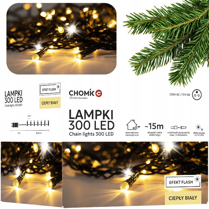 LAMPKI CHOINKOWE 300 LED ZEW/WEW 18M CIEPŁY BIAŁY EFEKT FLASH
