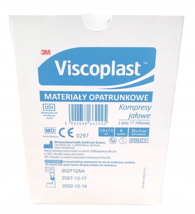 20SZT VISCOPLAST KOMPRESY JAŁOWE Z GAZY 7,5X7,5 CM 3 SZT.