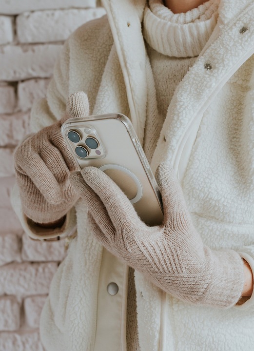 Komplet czapka ocieplana pompon szalik rękawiczki dotykowe do telefonu