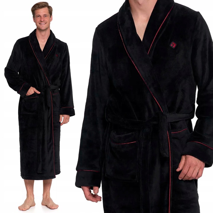 SZLAFROK MĘSKI Moraj Wiązany w Pasie Ciepły Puszysty z Kieszeniami - L