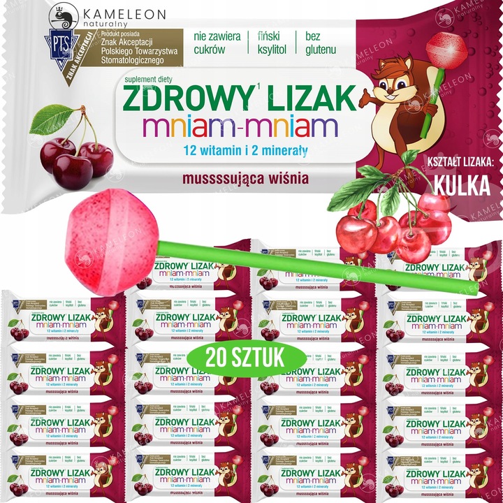 ZDROWY LIZAK Mniam KULKA WIŚNIA wiśniowy 20szt BEZ CUKRU Witaminy Minerały