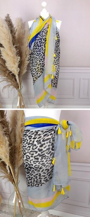PAREO CHUSTA PLAŻOWA FRĘDZLE narzutka tunika SZAL W PANTERKĘ - modne KOLORY