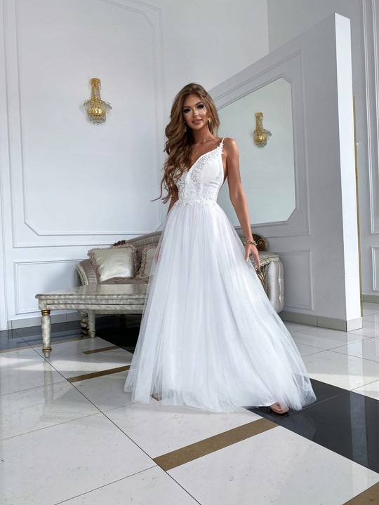 Ilona BIAŁA DŁUGA SUKIENKA z GIPIURĄ ślubna M