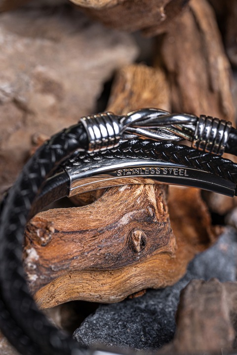 Bransoletka Męska Czarna ze Skóry Srebrna GRAWER Prezent Dla Męża Chłopaka