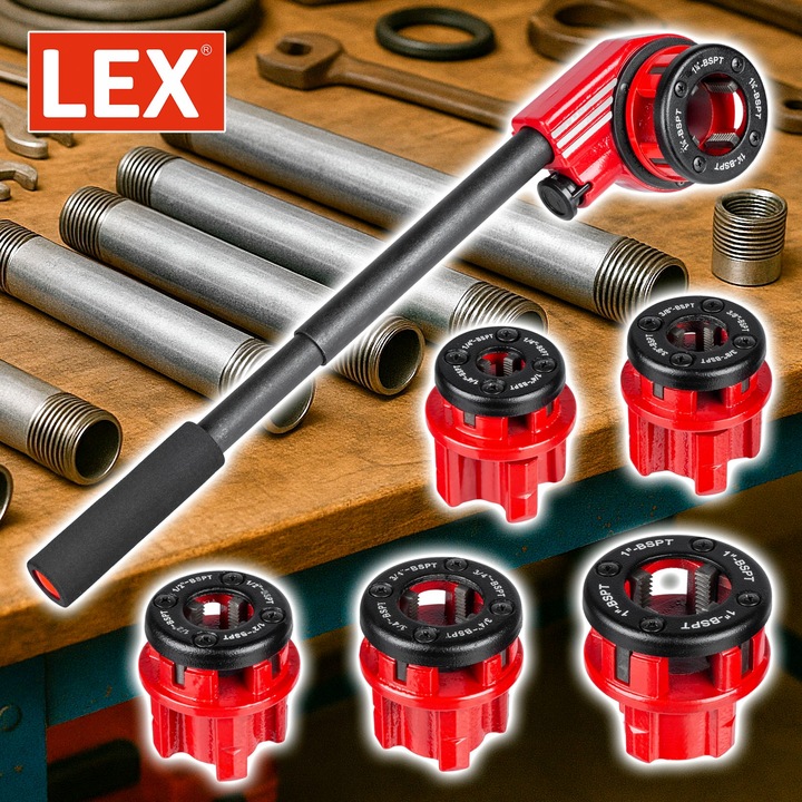 GWINTOWNICA RĘCZNA DO RUR grzechotka ZESTAW 6 narzynek głowic 1/4"–1