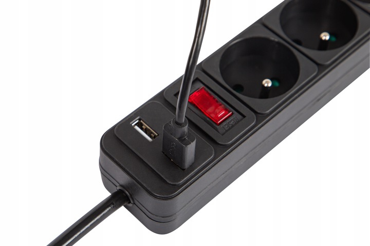 PRZEDŁUŻACZ LISTWA ZASILAJĄCA WŁĄCZNIK GRUBY SZNUR 3M 4 GNIAZDA 2xUSB