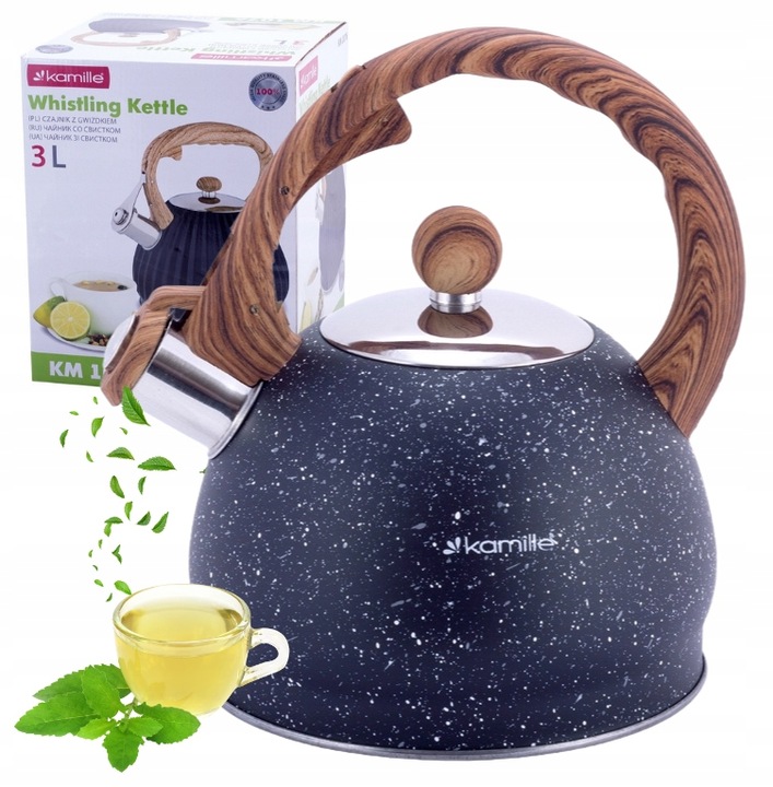 CZAJNIK NA GAZ INDUKCJA STALOWY Z GWIZDKIEM CZARNY marmurkowy 2l