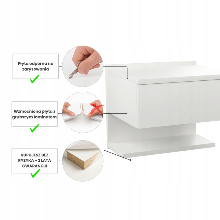 SZAFKA NOCNA WISZĄCA BIAŁA NAKASTLIK SZUFLADA PÓŁKA 35x32cm PRODUKT
