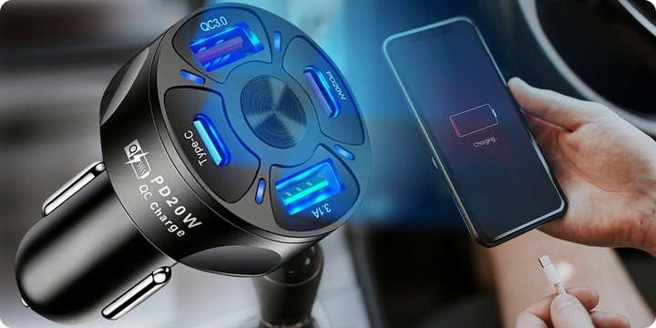 ZESTAW ŁADOWARKA SAMOCHODOWA 6A 30W 2X USB 2 X USB-C Z KABLEM COMBO USB 6W1