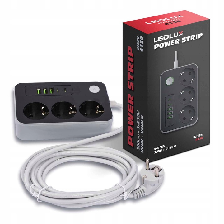 Przedłużacz Listwa zasilająca 3 metry 3 gniazda 5x ładowarka USB USB-C
