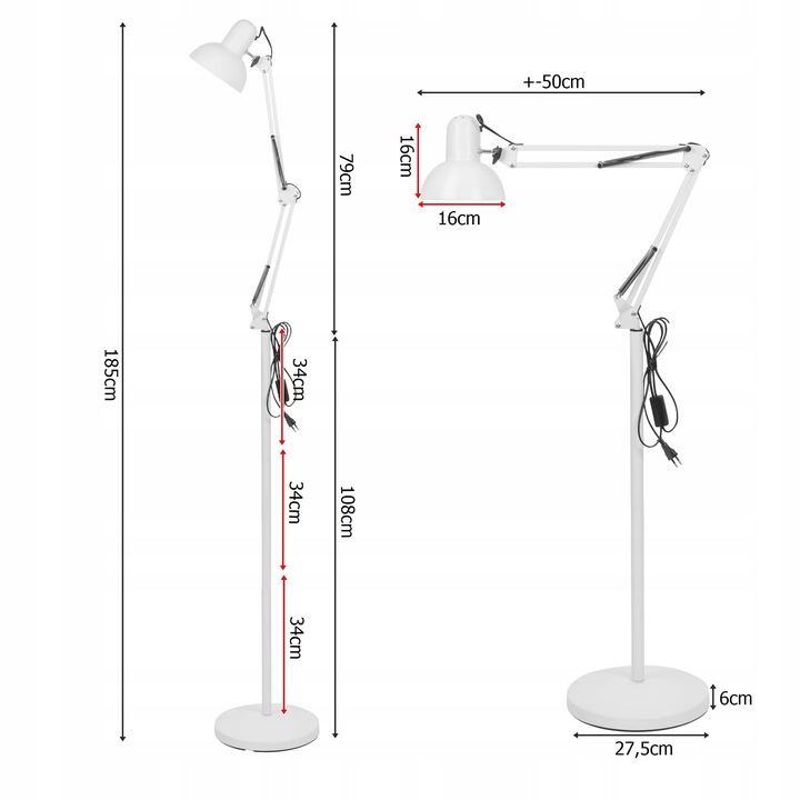 Lampa Podłogowa Stojąca Biała LED E27 Kreślarska Regulowana do
