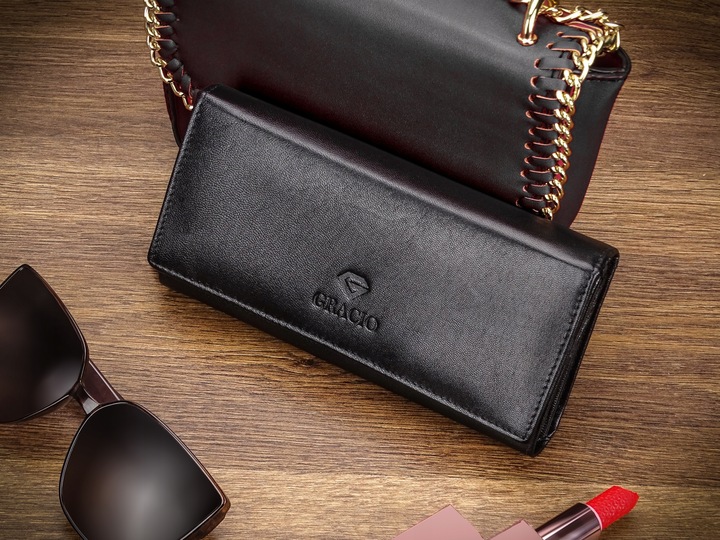 Portfel Damski Czarny Skóra Naturalna Gracio Duży Pojemny PREZENT