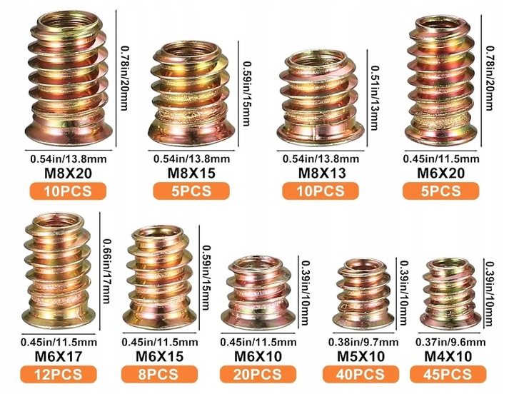 MUFA DWUGWINTOWA DO DREWNA WKRĘT WPUSTKA M4/M5/M6/M8 ZESTAW 155 SZTUK