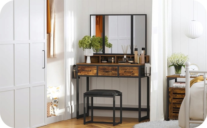 Toaletka z Lustrem Rustykalna Szuflady Taboret Zestaw Ciemny Brąz