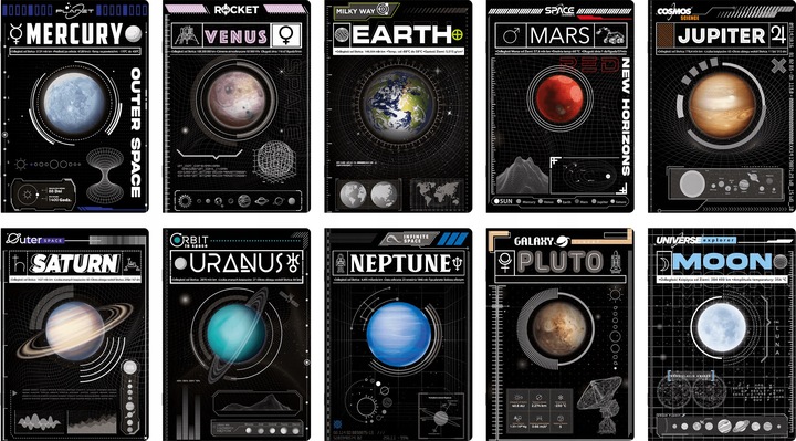 10X ZESZYT TOP 2000 A5 60 KARTEK, KRATKA +MARGINES, KOSMOS, PLANETY
