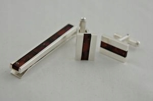 Spinka do krawata do mankietów srebro bursztyn