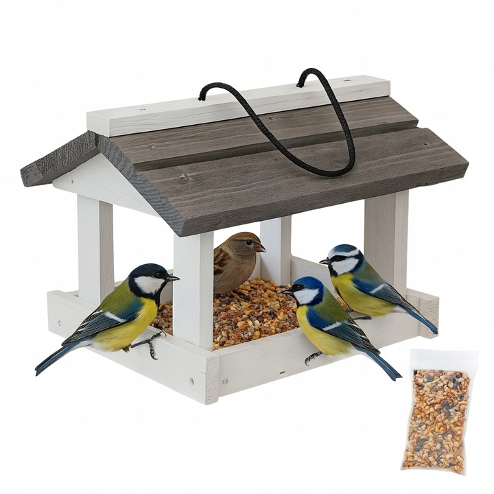 Karmnik dla ptaków drewniany domek budka z drewna biało szary Karma