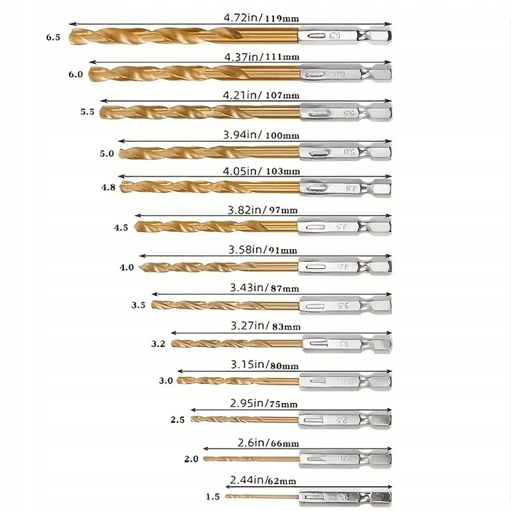 WIERTŁA HEX BITY DO METALU 1,5-6,5 HSS TYTAN 13SZT WIERTŁA PRECYZYJNE