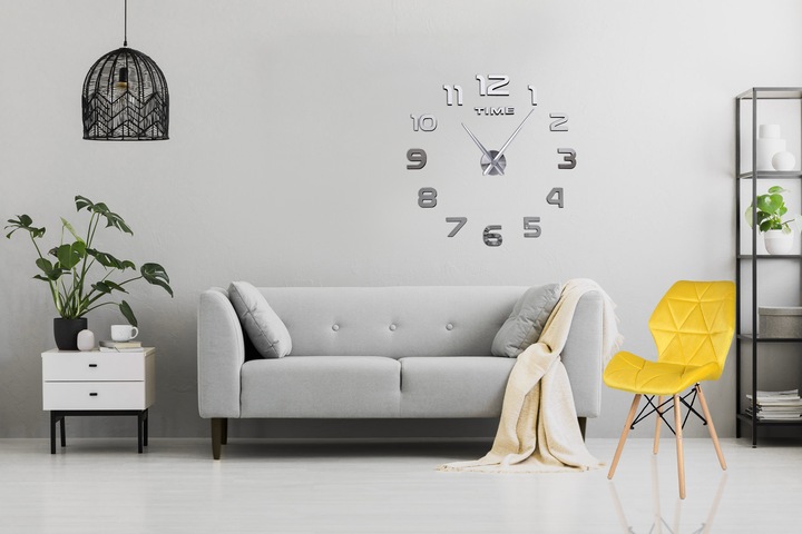 ZEGAR NAKLEJANY DIY 3D DUŻY CICHY POŁYSK EFEKT LUSTRZANY SREBRNY 130